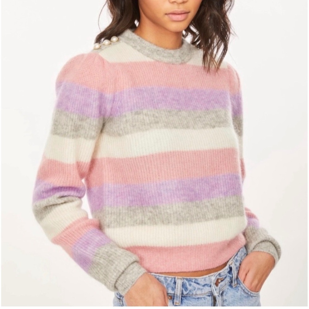 Generation Love Brielle Striped Mohair Wool Blend Pearl Shoulder‎ Sweater Medium